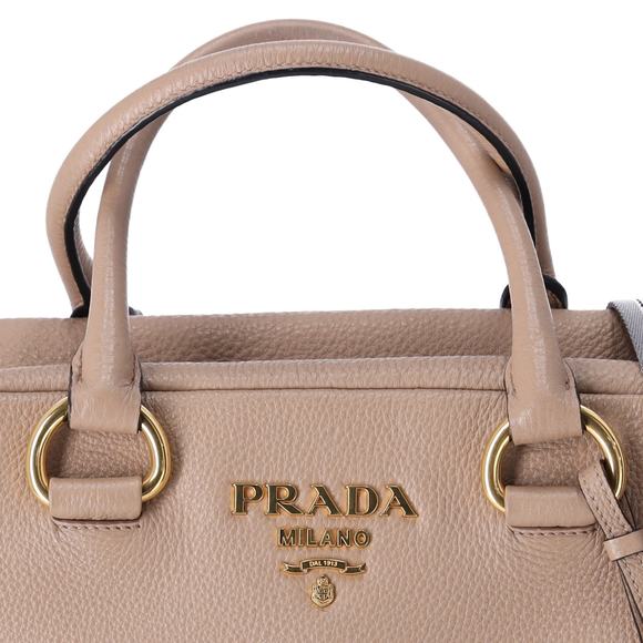 PRADA Vitello Phenix Bauletto Handbag 1BB086 Taupe Pebbled Leather - Picture 2 of 9